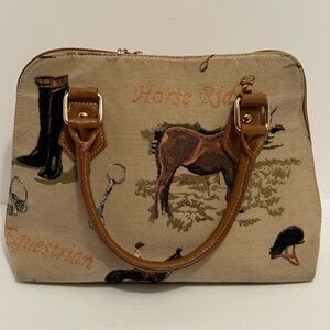 Signare Equestrian Horse Ride Arched Two Handle Foot Bottom Purse Tan Brown
